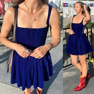 Silvia Astore Annie Ibiza Velvet Navy Blue Corset Square Neck Mini Dress IT 38/0